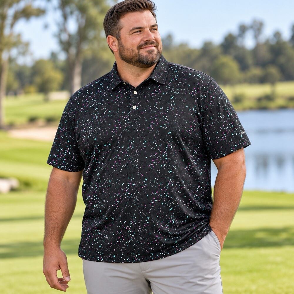 Sunday Swagger Polo Mens 4XL Black Cosmic Neon Splatter Stretch Golf Shirt NWT